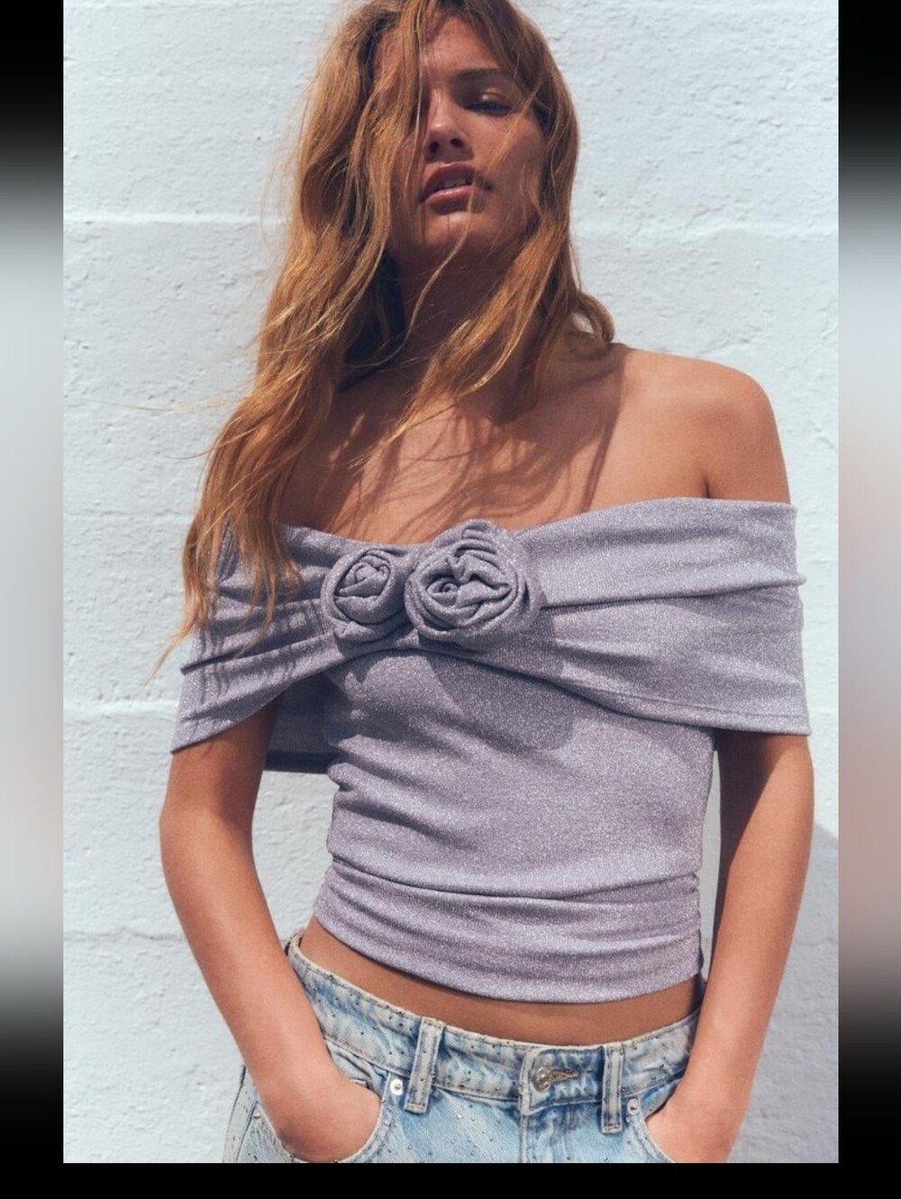 New Zara Lilac Off-Shoulder Crop Top with Rosette Accents Sz XS